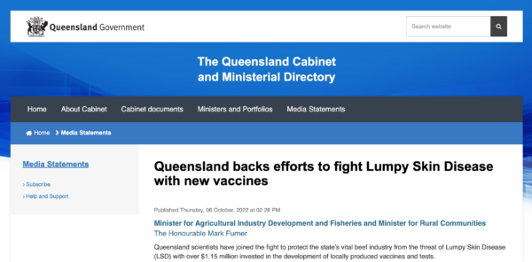 Capture d'écran du gouvernement du Queensland annonçant la création d'un vaccin à ARNm pour le bétail, 
le 19 avril 2023. (Capture d'écran par The Epoch Times)